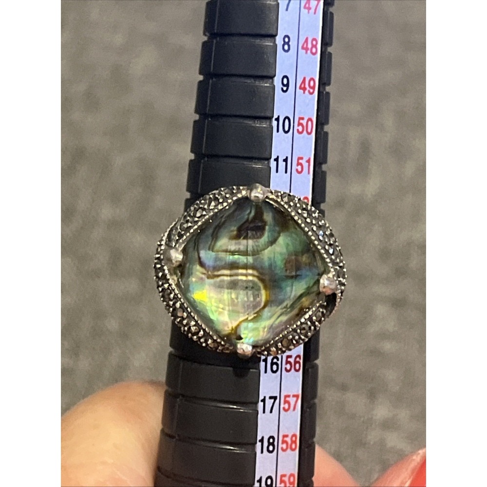DESIGNER- MARC- STERLING SILVER DOUBLE QUARTZ ABALONE MARCASITE RING- SIZE 7!